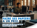 Personne travaillant devant un ordinateur. Slogan : « Faire ses papiers a un prix. »