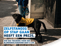 Blindengeleidehond naast de gebruiker op een geplaveide straat. Slogan: « Zelfstandig op stap gaan heeft een prijs. »
